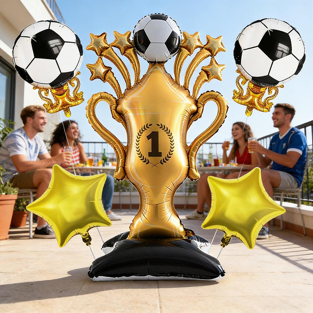 5Pcs Soccer Theme Foil Balloon Set, Jumbo Standing Champion Trophy & 2Pcs Football Trophy Mylar Balloons, Golden Star Balloons,