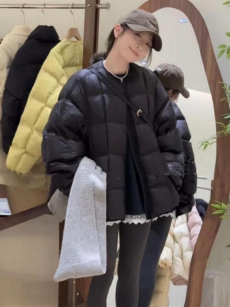 2024 Women's Fashionable Plaid Down Jacket - Casual Round Neck, Loose Fit, Warm Winter Coat