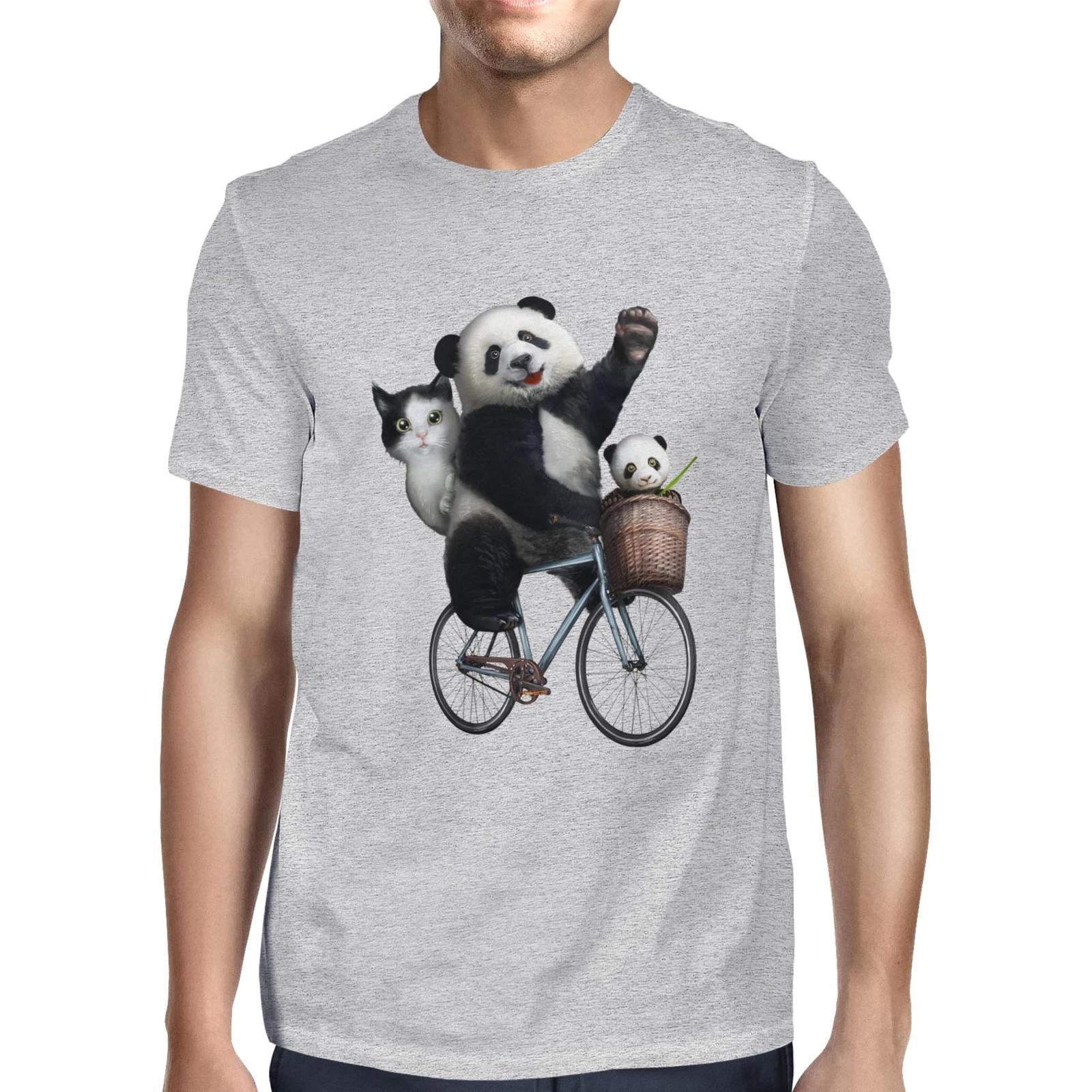 1Tee Mens Pandas and Cat Riding Bicycle T-Shirt XS