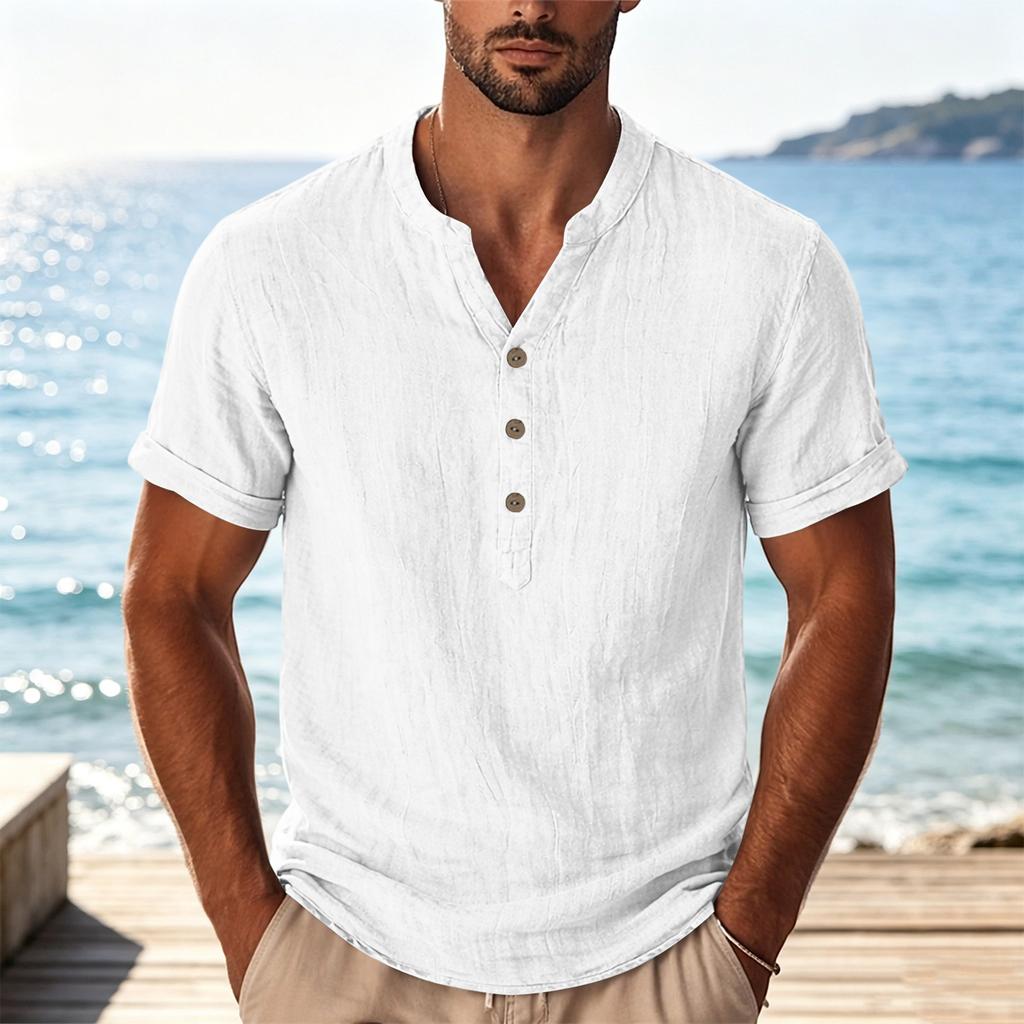 Mens Casual Button Neck Lightweight Short Sleeve Shirt Breathable Relaxed Fit Summer Top for Everyday Wear