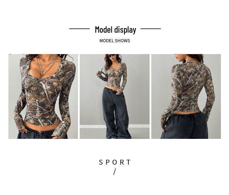 European Fashion 2025 Women's Retro Camouflage Tree Branch Pattern U-Neck Slim Fit Cropped T-Shirt
