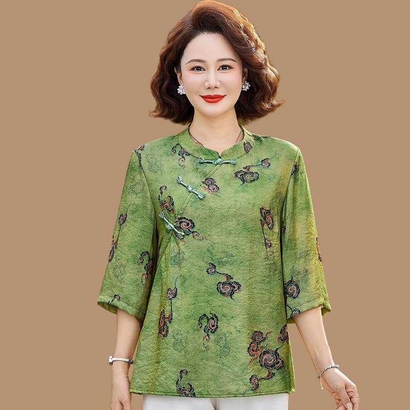 

Elegant Chinese-Style Mid-Sleeve Shirt for Moms - Spring/Summer Fashion for Middle-Aged & Elderly Women with Frog Button Detail. 3XL (Approx. 120-135 Jin) зелений