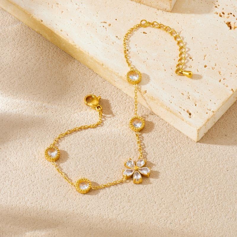 Gold Flower Charm Bracelet with Crystal Accents for Women