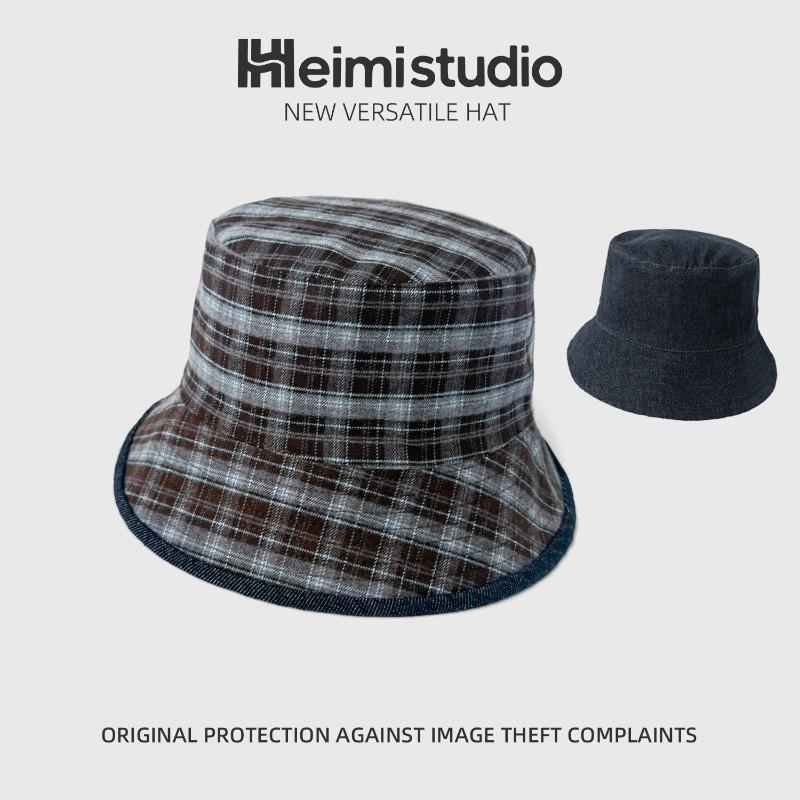 25 early autumn new double-sided can wear denim bucket hat women's high-end sense large grid show face small hat tide