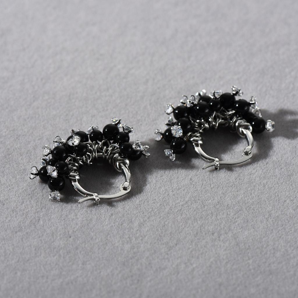 Fashion Trend Light Luxury Copper Platinum Plated Black Agate Beads Pendant Zircon Ear Buckle Temperament Earrings