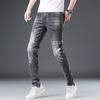 Letter Embroidery Fashion Brand Jeans for Men's Spring New Grey Straight Tube Elastic Pants for Men's Printed Pants