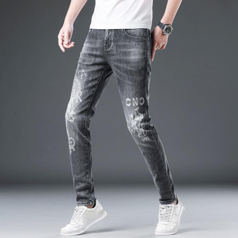 Letter Embroidery Fashion Brand Jeans for Men's Spring New Grey Straight Tube Elastic Pants for Men's Printed Pants
