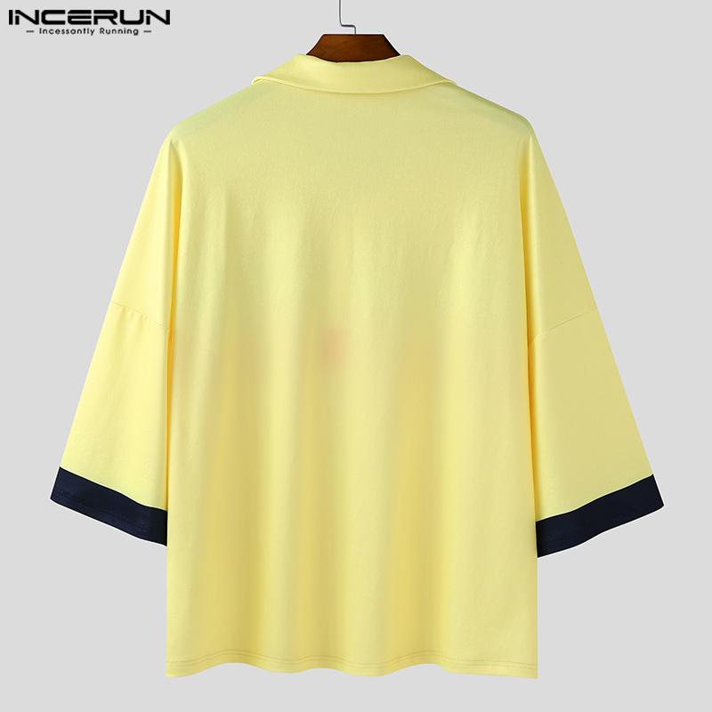 INCERUN Oversized Men Lapel Neck 3/4 Sleeve Striped Stitching Casual Loose T-shirts Tops