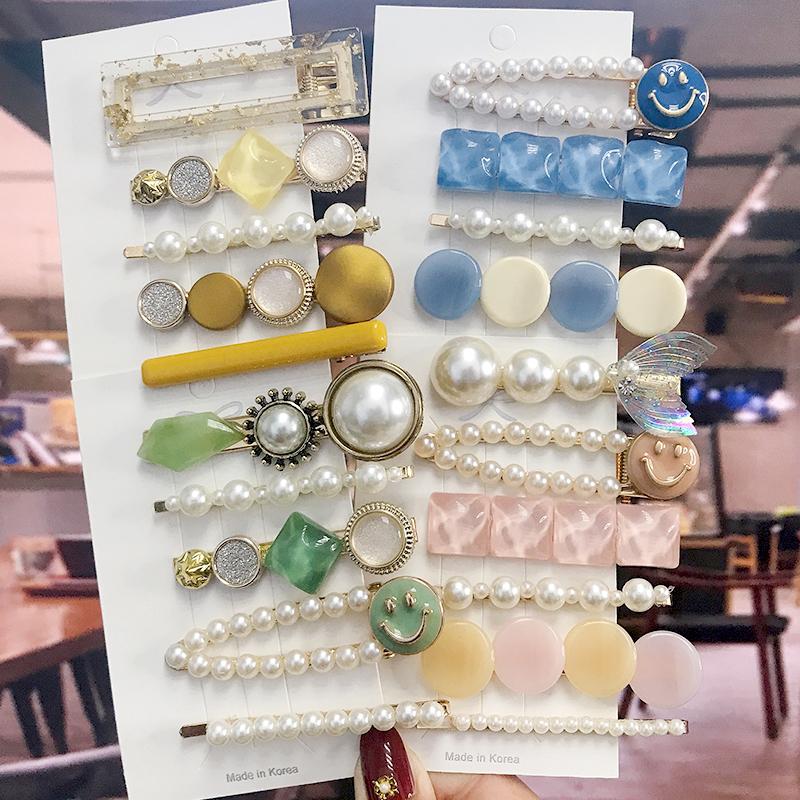 5Pcs/Set Fashion Smiley Pearl Hair Clip For Women Girl Geometric Acetate Barrettes Hairpin Headwear Hair Accessories  Trendy