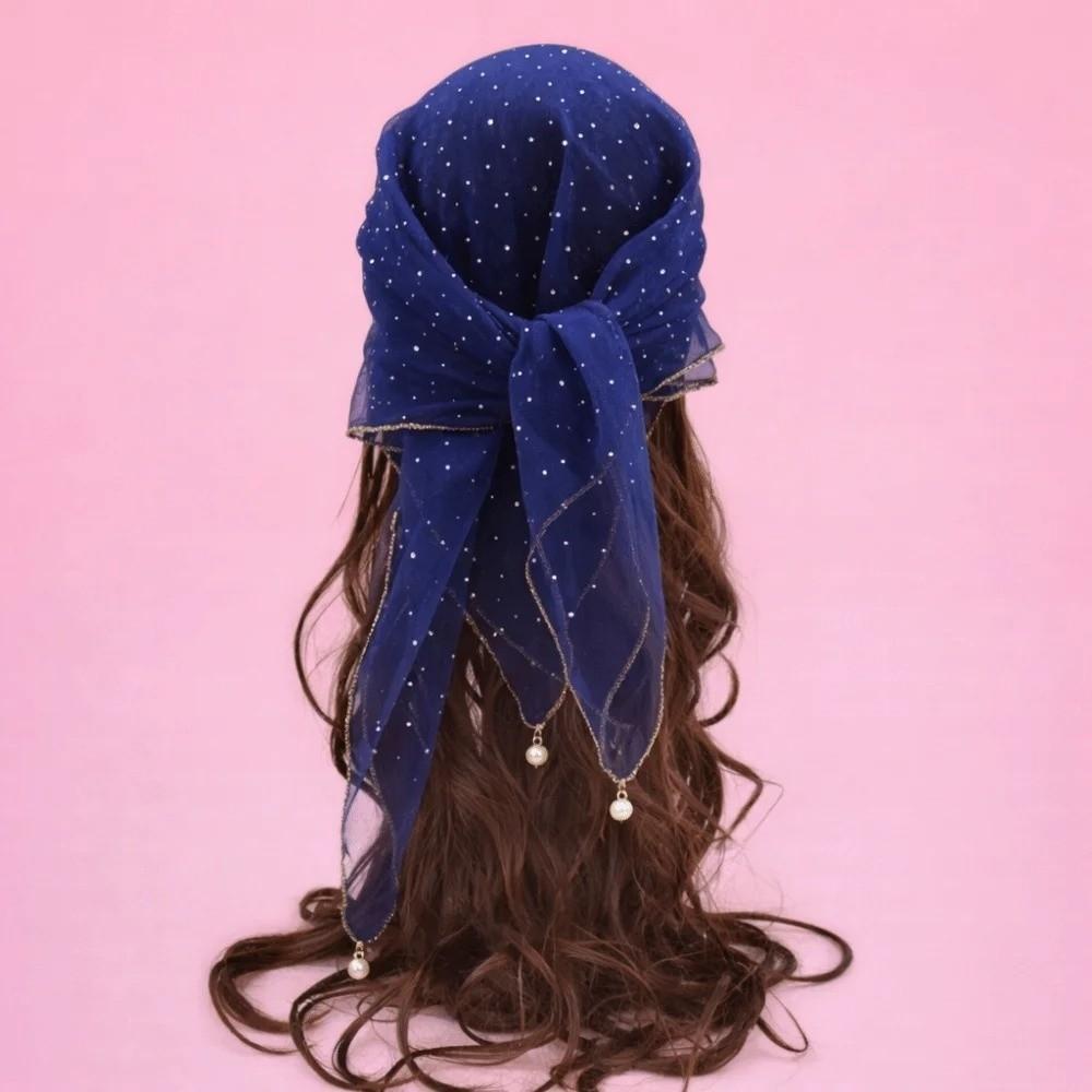 Fashion Pearl Tassel Diamond Hijab Rhinestone Square Pearl Tassel Scarf Full Sky Thin Veil Veil Bandana Women Headwear