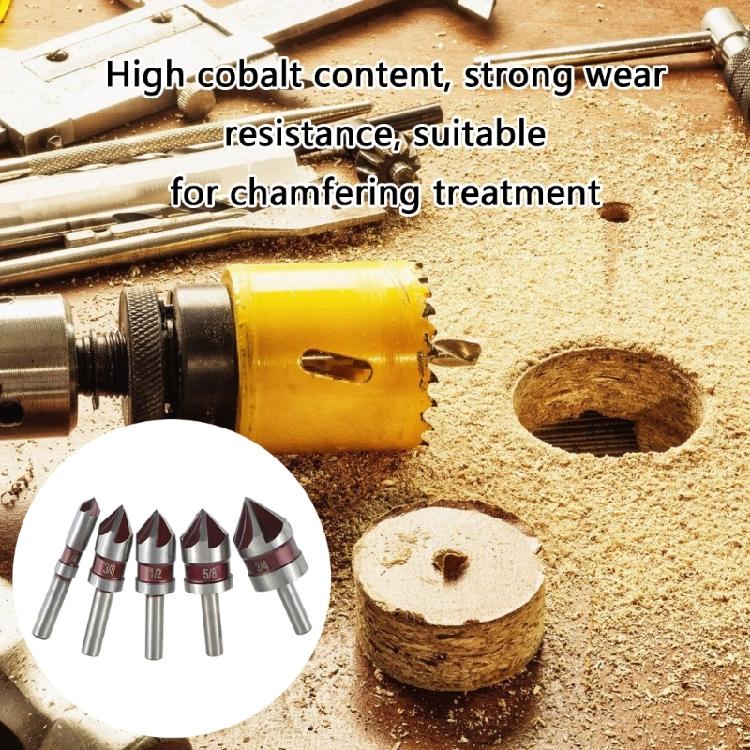 5pcs Chamfering Tool Set with 5% Cobalt Content and Round Shank 5 Flute Design Countersink Drill Bit for Wood Plastic
