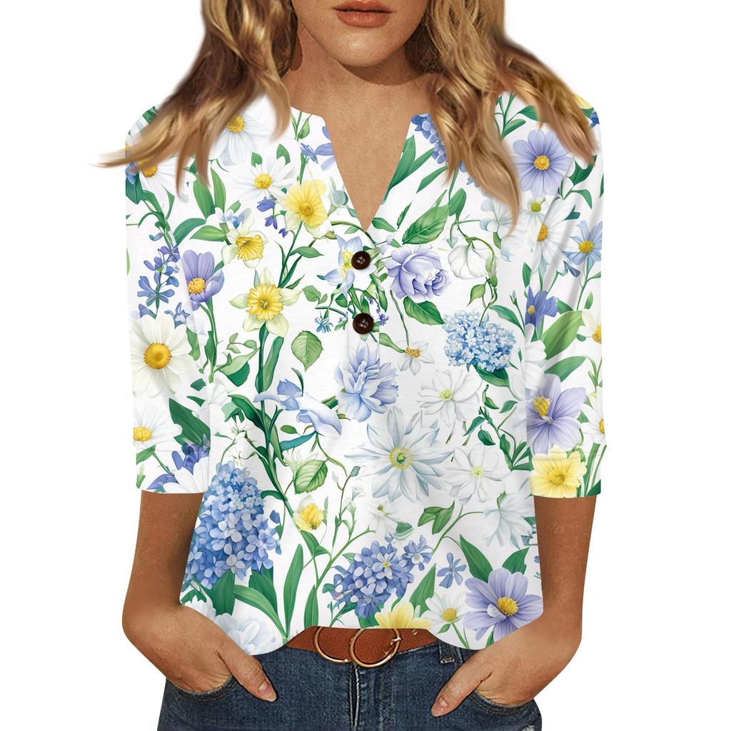 Women's T Shirt Print Button 3/4 Sleeve Daily Weekend Fashion Basic V- Neck Regular Top