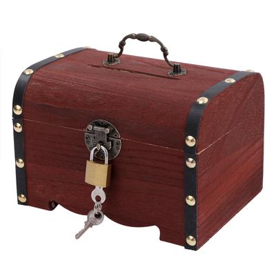 Anopono Piggy Bank Treasure Box with Key and Padlock Antique Small Item Storage Box Bills, Banknotes, (Brown, L)