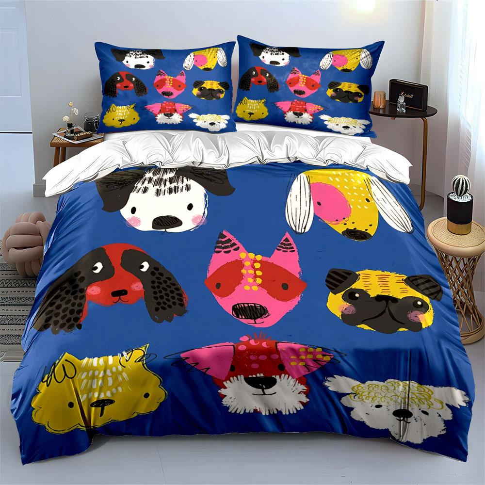 Colorful Dog Face Illustration Bedding Duvet Cover Set Duvet Cover Pillowcases (1*Duvet Cover 2*Pillowcases, without duvet insert)