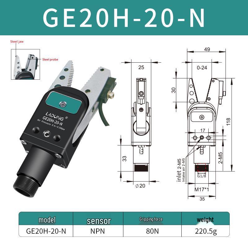 Double-Acting Pneumatic Needle-Nose Gripper GE20B-20 for Robotic Arm and Water Jet Applications