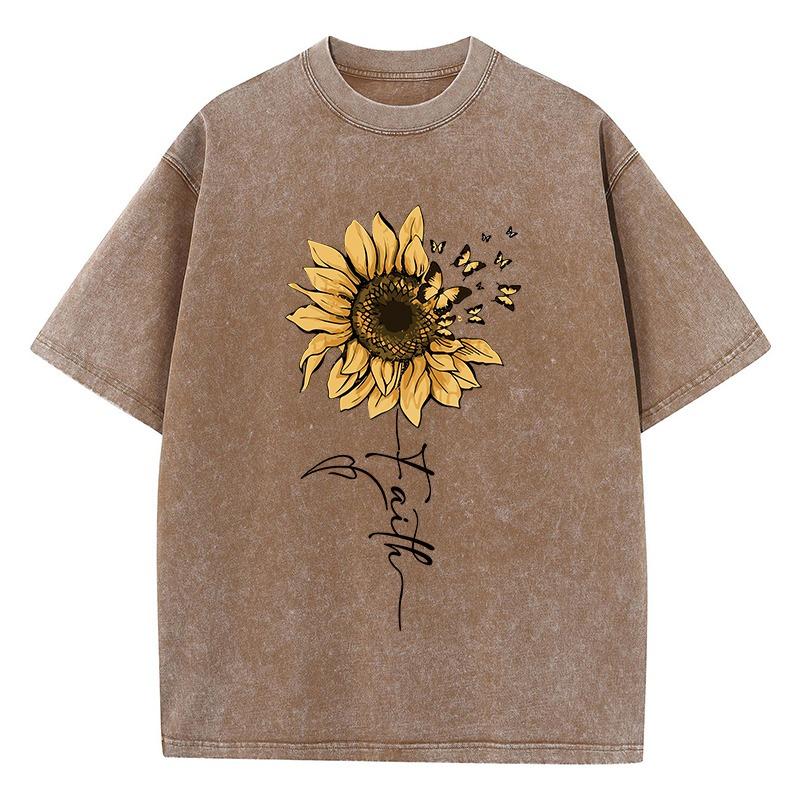 Sonnenblumen- und Schmetterlings-T-Shirt aus gewaschener Baumwolle für Damen, bedruckt, Oberteile, Sommer, O-Ausschnitt, übergroße T-Shirts, Vintage-Kleidung für schwarze Frauen