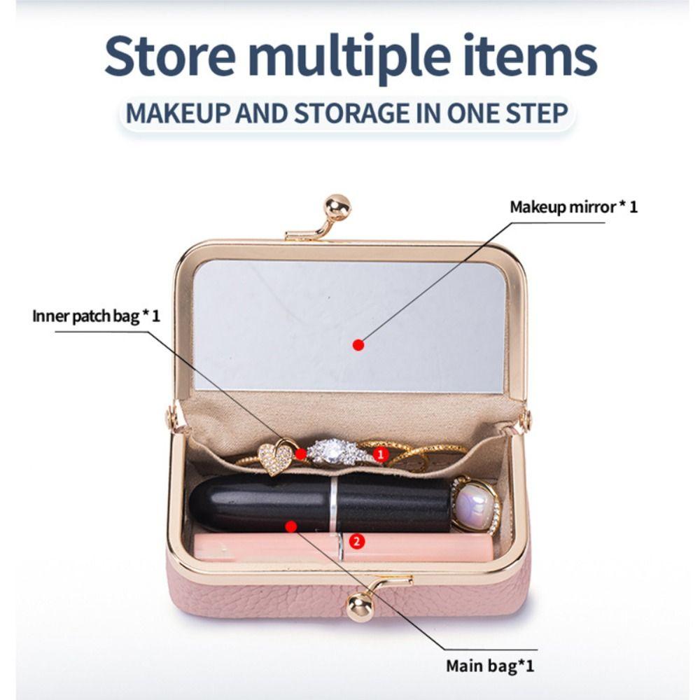 Avec Miroir de Maquillage Sac à Bijoux en Cuir Portable Fermeture Baiser Porte-Monnaie Sac à Maquillage Rangement pour Bijoux