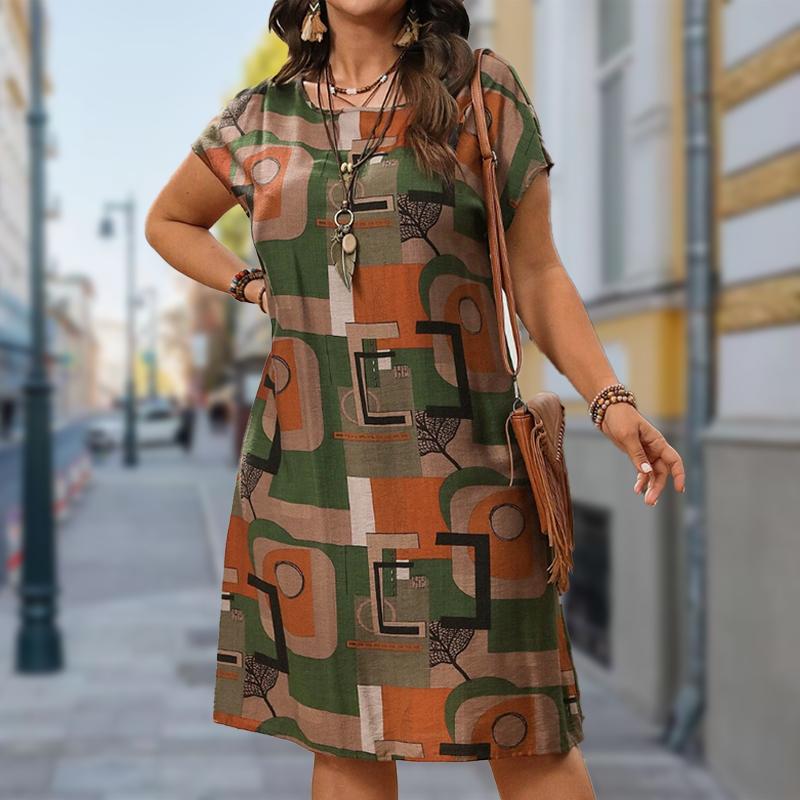 

Женская мода изящный ретро принт лето весна короткий рукав О-образный вырез повседневные платья 6XL жёлтый