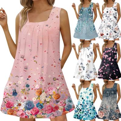 Women's Fashion Casual Square Neck Sleeveless Dress Pleated Tank Dress Print Beach Dresses