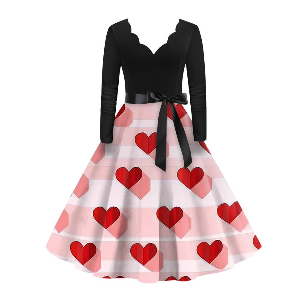 Damska stylowa i elegancka sukienka z długim rękawem, dekoltem w serek w kształcie serca na Walentynki