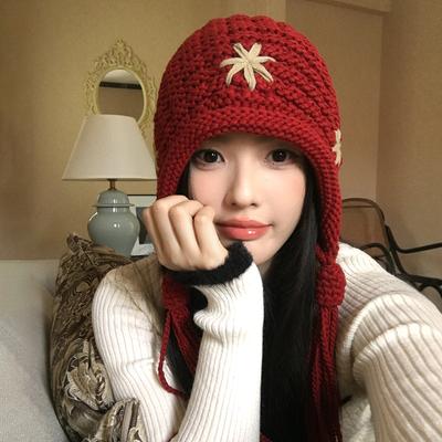 Red Knitted Flower Fringed Wool Hat for Women's Season To Keep Warm and Show a Small Face, Handmade Braided Ear Protector Headhat