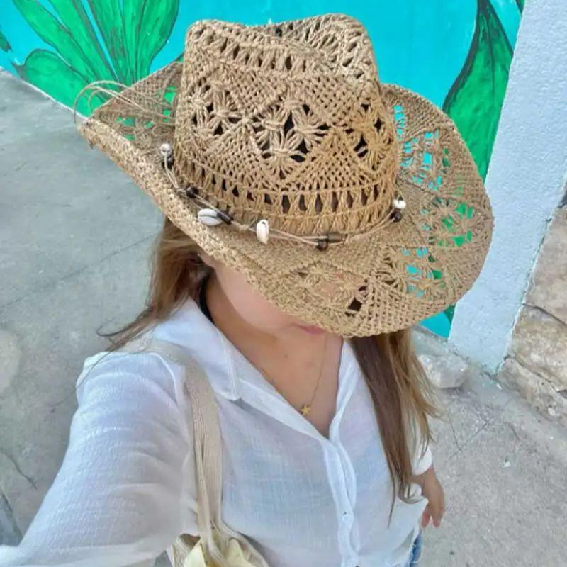 Summer Straw Hat Beach Women Men Cowboy Hats Wooden Beads Hollow Out Western Wide Brim Sun Hat Chapeau Cowboy