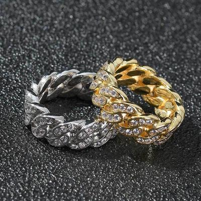 European and American 8mm Single Row Zircon Cuban Ring Popular Hip Hop 18K Gold Men's Ring Fashion Brand