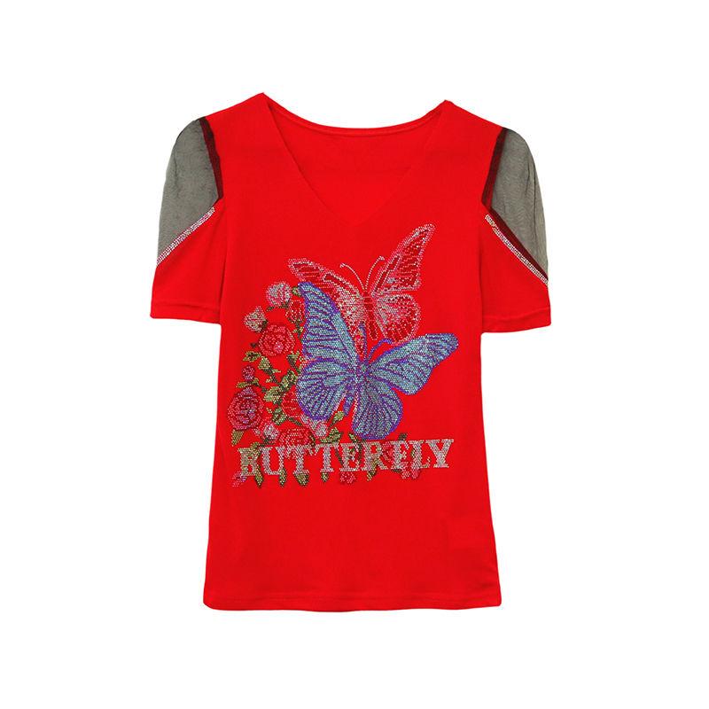 New European Brand Women's Clothes T-shirt Sexy V-Neck Luxury Butterfly Hot Diamonds Girls Tops Fashion Summer Short Sleeve Tees