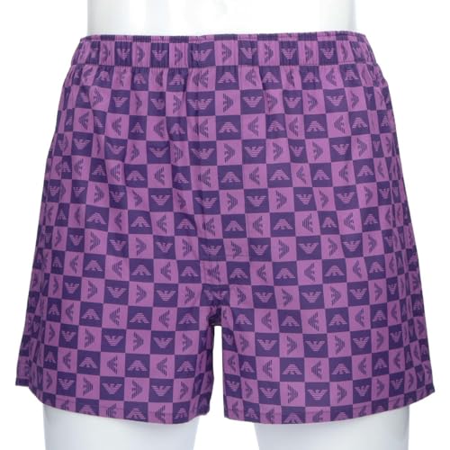 Emporio Armani Men's Checkered Eagle Cotton Woven Trunks, Size LL, Front Opening, Japanese Size, 54251001, 73. Purple