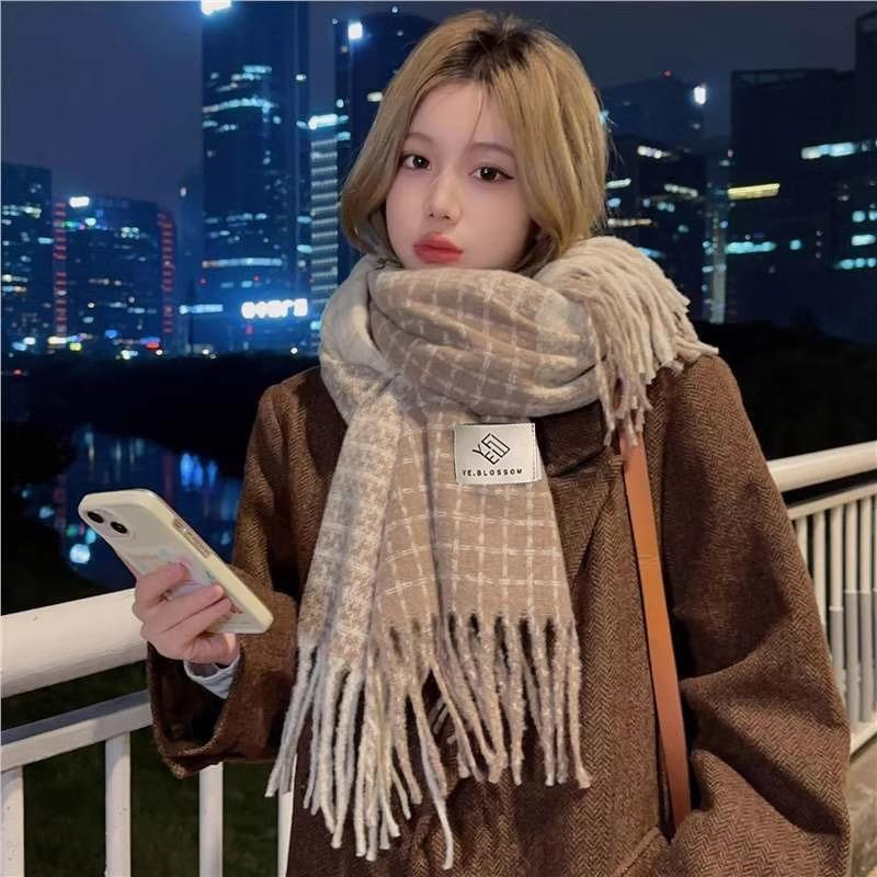 Plaid Scarf Women's Autumn and Winter New Dry Rose Pink Atmosphere Sense Advanced Sense Versatile Thickened Scarf