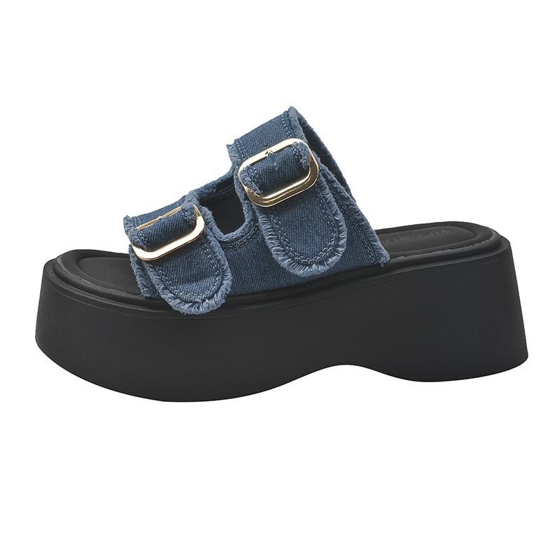 

Platform muffin sandals women s 2025 new summer versatile height increase fashion denim slippers sports Roman sandals 42