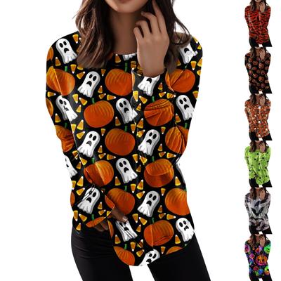 Women's Round Neck Tops Cotton Women's Casual Fashion Halloween Print  Long Sleeve O-Neck Pullover Top Blouse