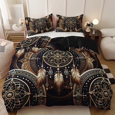 Juego de cama de 3 piezas con plumas de atrapasueños tribales incluye funda nórdica suave, 2 fundas de almohada, transpirable, lavable a máquina para todas las estaciones