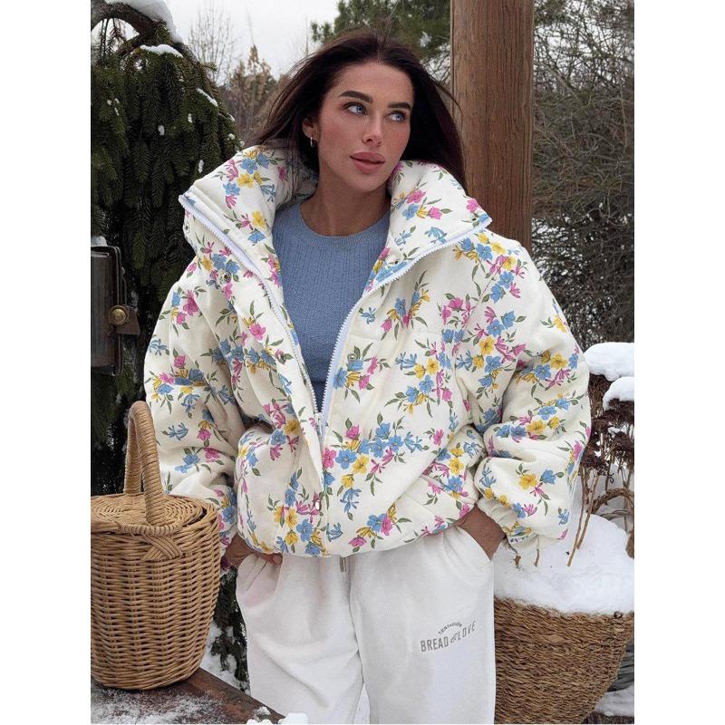 Colorful Printed Cotton Jacket for Women, Autumn and Winter Stand Collar Zipper Cotton Jacket, Warm Cotton Jacket for Women