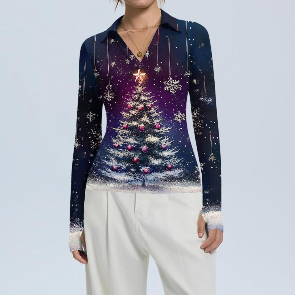 Damenmode Lässig Weihnachts-Print V-Ausschnitt Langarm Knopfleiste Oberteil
