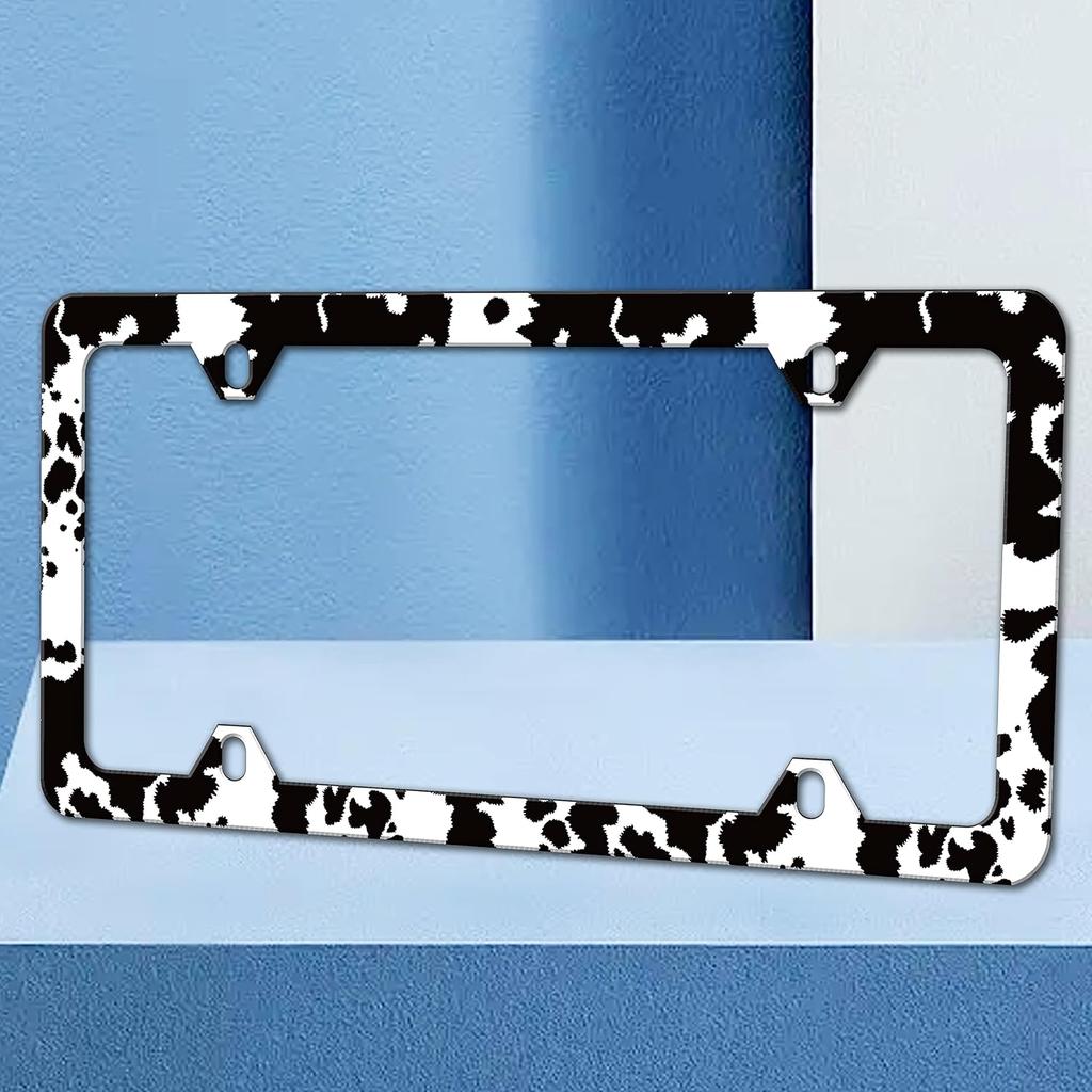 Black And White Cow Print License Plate Frame Funny Spots License Plate Frames Animal Pattern Auto Accessory Bracket Stainless Steel License Plate