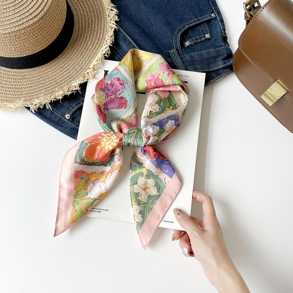 Fresh And Sweet Flower Silk Scarf Square Scarf Women'S Literary And Decorative Headscarf Square Scarf High-End Silk Scarf Thin