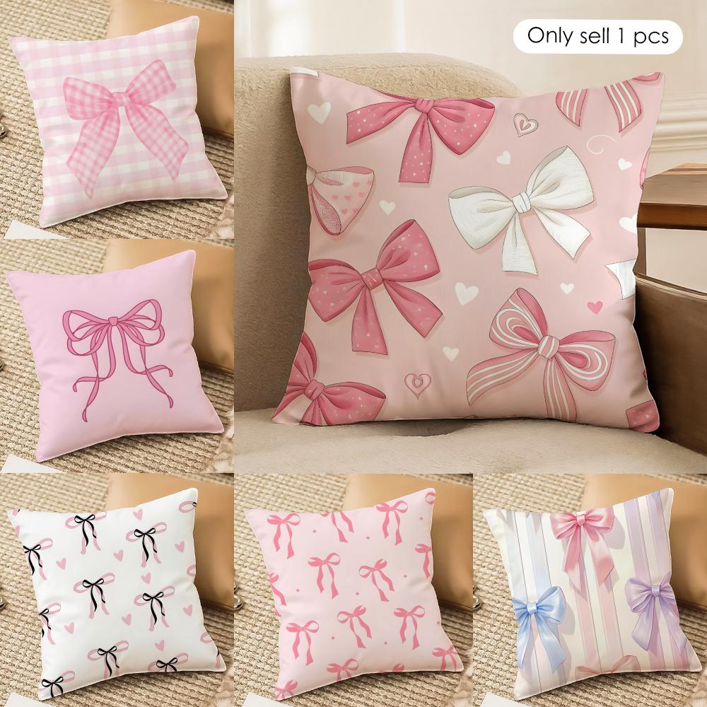 Pink Bow Cushion Cover Soft Plush Fabric DoubleSided Printed Sofa Cushion Cover for All Seasons Home Decor Gift
