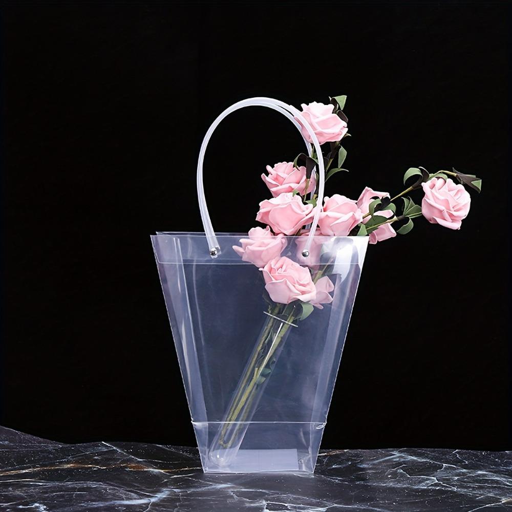 6 Stück langlebige, kristallklare, transparente Tragetaschen, durchsichtige Blumenstraußbeutel, Geschenktüten mit langen Griffen, elegante Blumenstraußverpackung und Geschenkverpackung