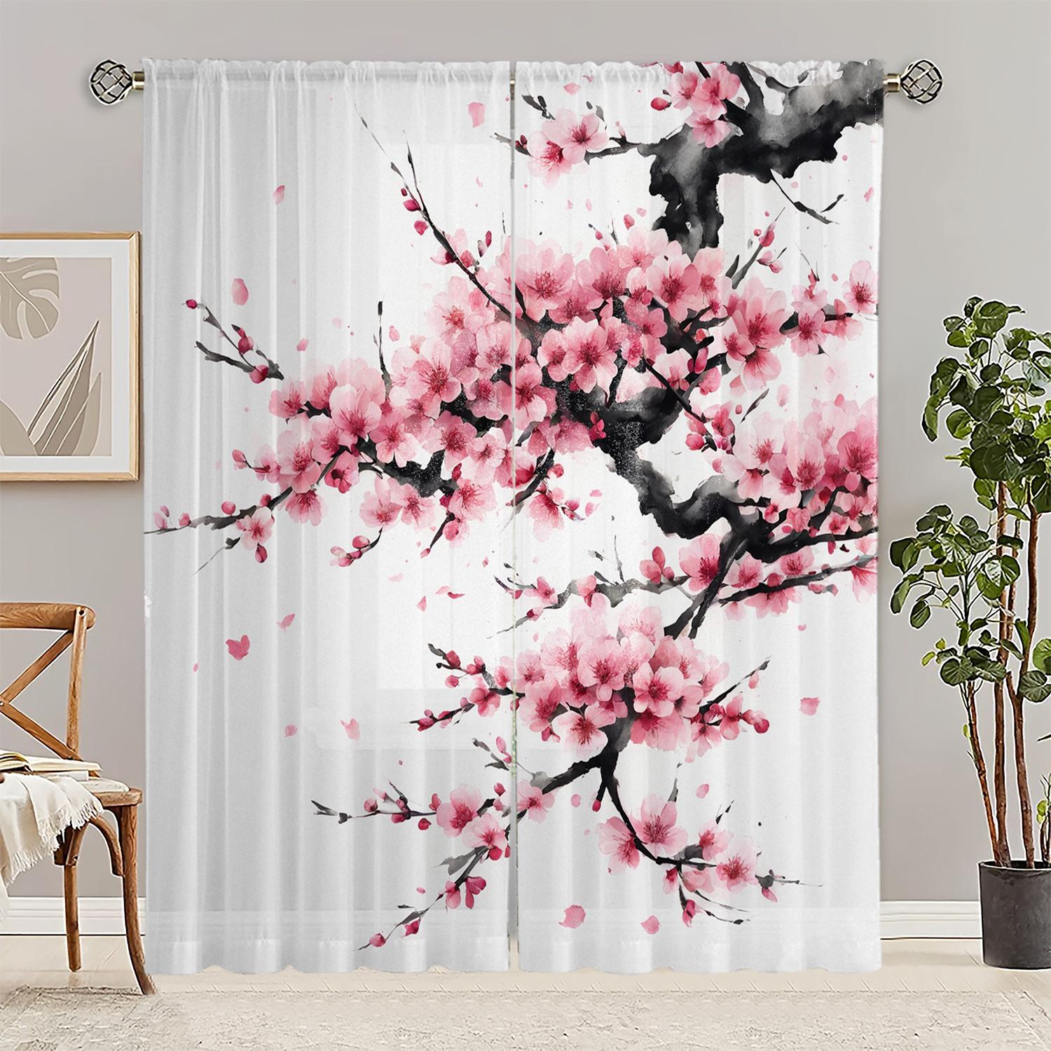 

Розовые шторы с цветочным принтом Sakura, HD-печать, полиэстер, карман на штангу, для гостиной, спальни, светофильтрация, машинная стирка, отличное оформление окна W100*H70(CM)-Rod Pocket&2PCS