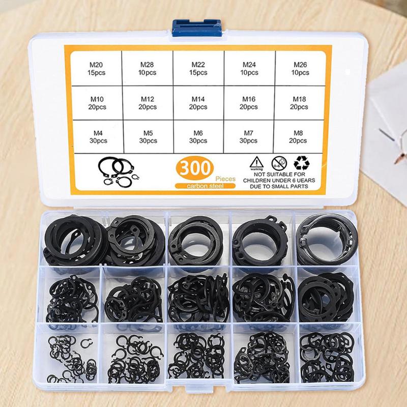 300 Pcs Multifunctional C Type M4-M28 Circlip Clip Snap Ring 15 Sizes Retaining Rings Set For Shaft Bearing Retaining Black
