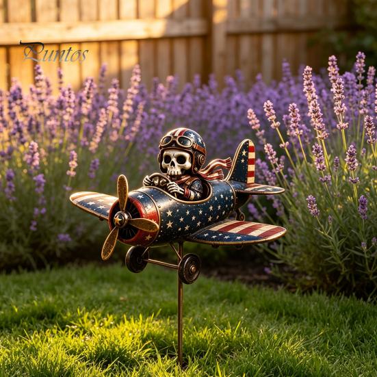 Gift for Gardening Enthusiasts Metal Skeleton Pilot Airplane Wind Spinner with Ground Stake, Vintage American Flag Garden Style Accessory Yard Rustic