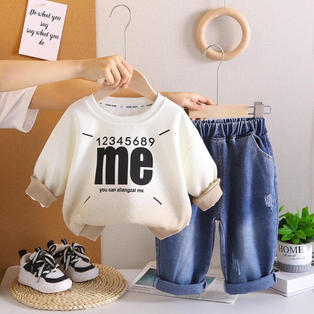 Boys' Long Sleeved Two-piece Set - Round Neck English Letter Hoodie+denim Pants - Fashionable Clothes