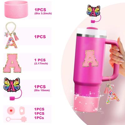 7-teiliges Tassen-Zubehörset für Stanley 30oz 40oz Tumbler Initialen Silikon-Strohhalmkappe Kappe Manschette Buchstaben Henkel Anhänger Aufkleber