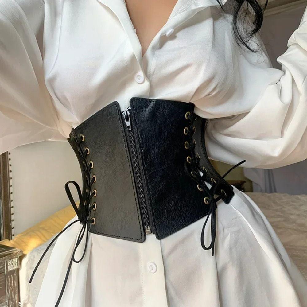 High Waist Zipper Cummerbunds PU Leather Wide Waist Belt Personality Female Waistband  Dress