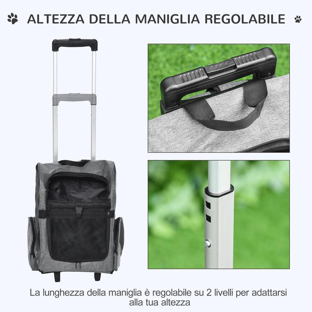 2-in-1 Pet Carrier Backpack for Dogs and Cats with Side Pockets, Telescopic Handle and Wheels, 42x25x55cm, Grey