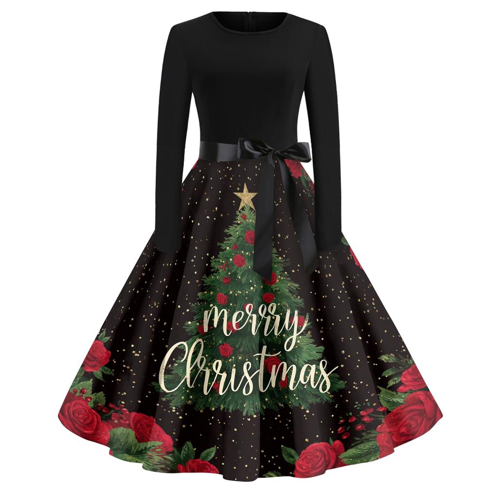 Women's Casual Fashion Round Neck Christmas Printed Vintage Dress