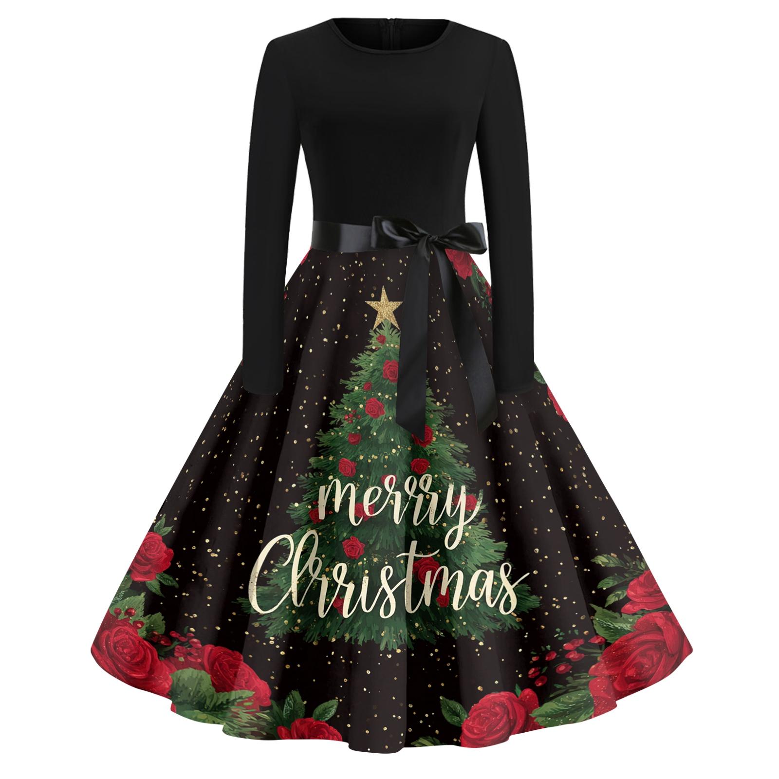 

Women s Casual Fashion Round Neck Christmas Printed Vintage Dress L