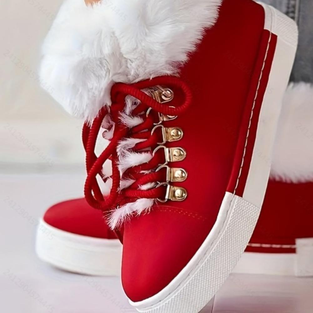 Fashion Women's Boots 2025 Christmas New Fashion Lace-Up Fuzzy Detail Lined Ankle Boots Casual Daily Round Toe Flat Boots