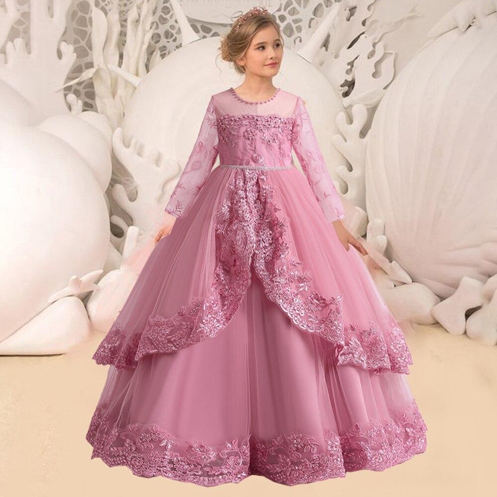 Vestido formal de dama de honor para niñas Ropa encaje de flores Vestidos  de princesa de manga larga Vestidos de novia de fiesta de niña Vestidos  comprar a buen precio — entrega